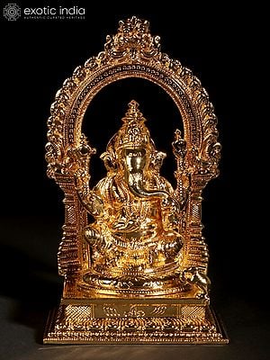8" Chaturbhuj Ganesha Seated on Throne | 24 Karat Gold Coated Brass