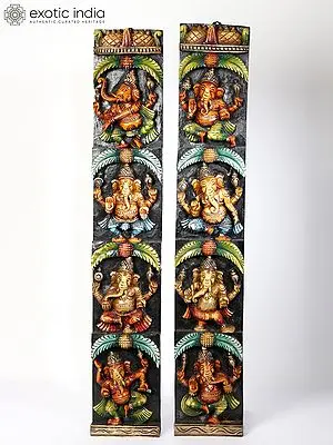 34" Large Pair of Ashta Ganapati Wall Hanging Panels in Wood