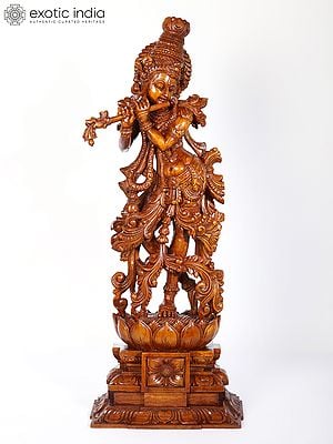 26" Wood Carved Lord Krishna Standing on Lotus Playing Flute | Teakwood Statue