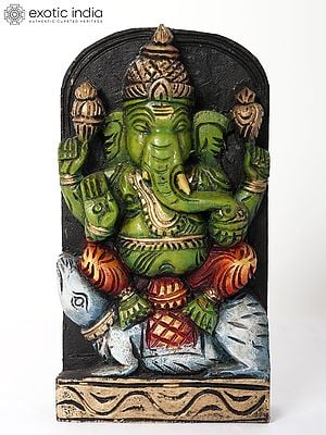 9" Wood Carved Chaturbhuja Ganesha | Statue Plus Wall Hanging