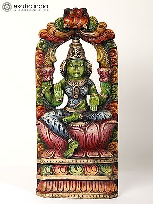 18" Goddess Lakshmi Seated on Lotus | Wood Statue Plus Wall Hanging