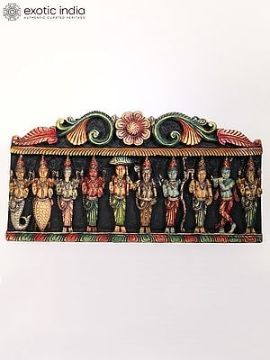 22" Colorful Dashavatara - Ten Incarnations of Lord Vishnu | Wall Hanging Panel in Wood