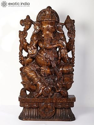 36" Large Six Armed Sitting Lord Ganesha | Wood Carved Statue