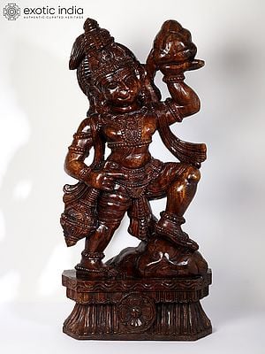 36" Large Lord Hanuman Carrying Mountain of Sanjeevani Herbs | Wood Carved Statue