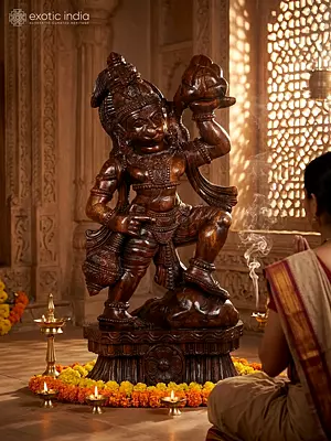 36" Large Lord Hanuman Carrying Mountain of Sanjeevani Herbs | Wood Carved Statue