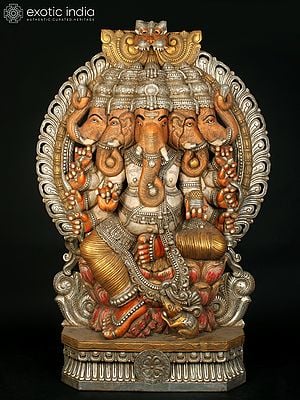 72" Super Large Ten Armed Panchamukhi Ganesha Seated on Kirtimukha Throne | Wood Carved Statue