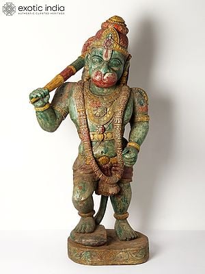 45" Large Standing Sankat Mochan Hanuman | Wood Carved Statue