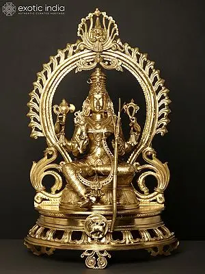 28" Goddess Rajarajeshwari (Kamakshi) Seated on Kirtimukha Throne | Hoysala Art Bronze Statue