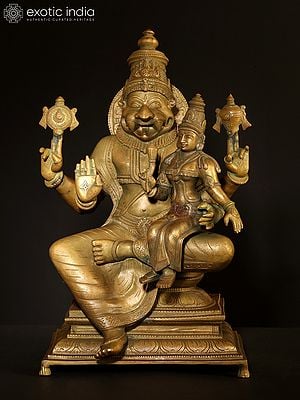 19" Lord Narasimha with Devi Lakshmi | Hoysala Bronze with Vintage Finish