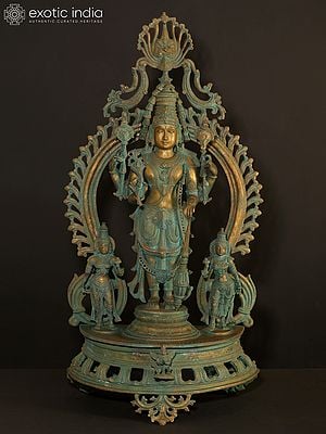 33" Large Standing Lord Vishnu Idol with Sridevi and Bhudevi | Bronze Statue