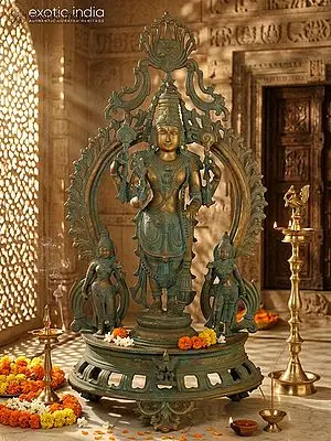 33" Large Standing Lord Vishnu Idol with Sridevi and Bhudevi | Bronze Statue