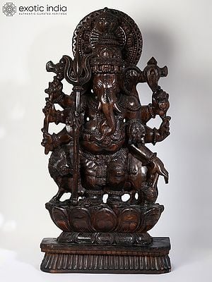 36" Large Wood Ashtabhuja Ganapti Statue