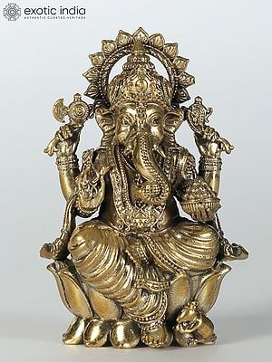 Small Superfine Chaturbhuja Lord Ganesha Seated on Lotus | Brass Statue