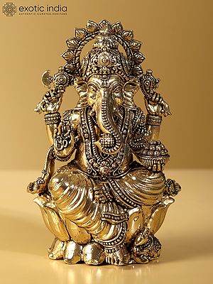 6" Superfine Chaturbhuja Lord Ganesha Seated on Lotus | Brass Statue