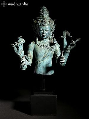 13" Brass Six Armed Lord Shiva Bust on Wood Stand from Indonesia