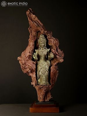 28" Tibetan Buddhist Goddess Guanyin | Brass Statue on Wood Base