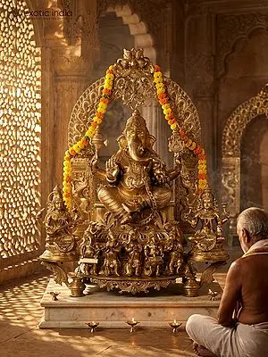 37" Bronze Idol of Superfine Siddhi Vinayak Ganesha with Devi Saraswati and Lakshmi