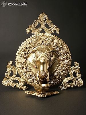11" Lord Ganesha Face Wall Hanging in Bronze with Lamp
