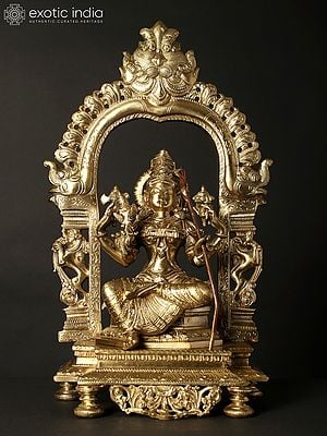 17" Goddess Rajarajeshvari (Tripura Sundari) Seated on Kirtimukha Throne | Hoysala Bronze Statue