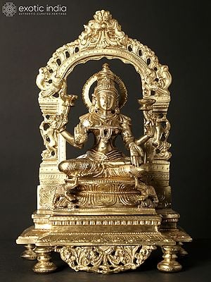 13" Four Armed Goddess Lakshmi Seated on Kirtimukha Throne | Hoysala Bronze Statue