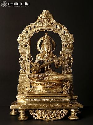 13" Devi Saraswati Seated on Kirtimukha Throne | Hoysala Bronze Statue