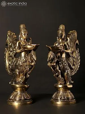 10" Pair of Gandharvas Lamps in Brass
