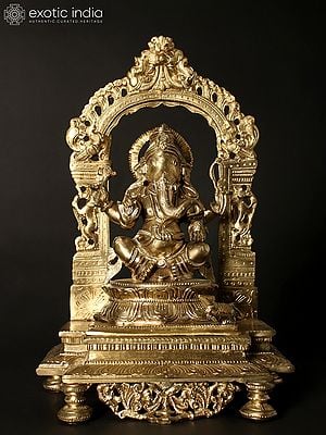 13" Chaturbhuja Lord Ganesha Seated on Kirtimukha Throne | Hoysala Bronze Statue