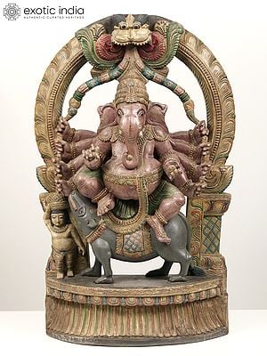 35" Large Ten Armed Lord Ganesha Seated on Mushak | Wood Carved Statue