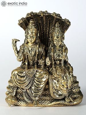 Goddess Lakshmi and Lord Narayana Brass Statue Seated on Sheshnag