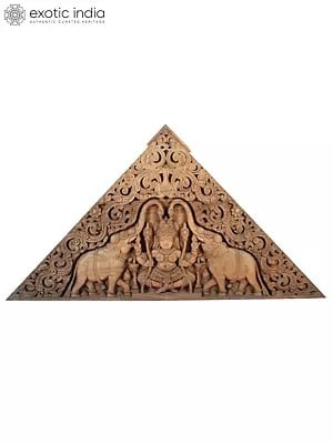 80" Triangle Decorative Wood Carved Gajalakshmi Panel from Kerala