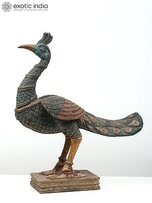 30" Large Beautiful Peacock Figure | Wood Carved Statue