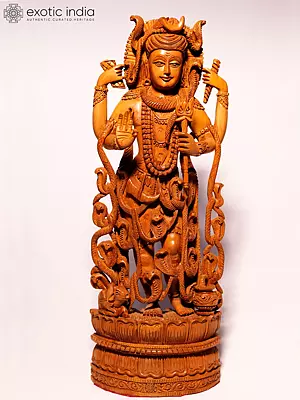 12" Wood Chaturbhuja Lord Shiva Idol With Many Snake