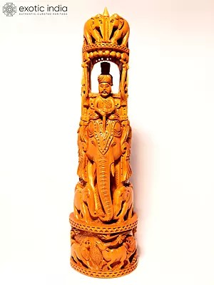 12" Beautiful Wood Idol Of Ambari Elephant Ride With Hand Carving