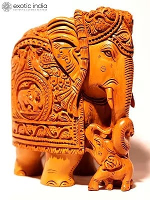 6" Wood Roaring Baby Elephant With Mother | Decorative Showpiece