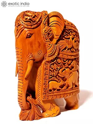 6" Royal Elephant Holding A Branch | Wood Statue With Hand Carving