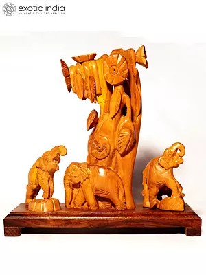 7" Roaring Elephants Under The Tree | With Hand Carving | Decorative Showpiece
