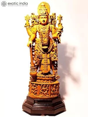 30" Chaturbhuja Lord Vishnu On Lotus | Sandalwood Carved Statue