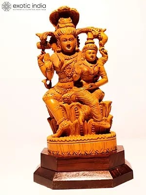 12" Blessing Lord Shiva With Goddess Parvati | Wood Idol With Carving
