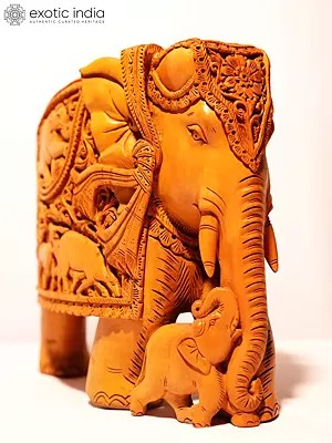 10" Wood Statue Of Beautiful Elephant With Child | Hand Carving Idol