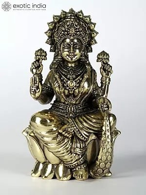 4" Brass Statue of Superfine Goddess Lakshmi Seated on Lotus