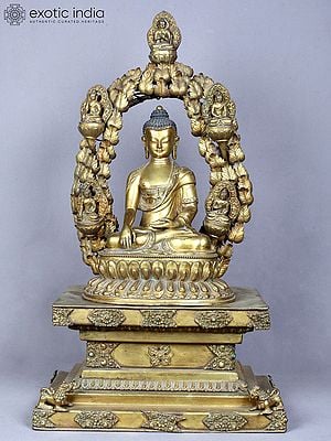23" Shakyamuni Buddha Seated on Throne with Pancha Buddha | Copper Statue Gilded with Gold | From Nepal