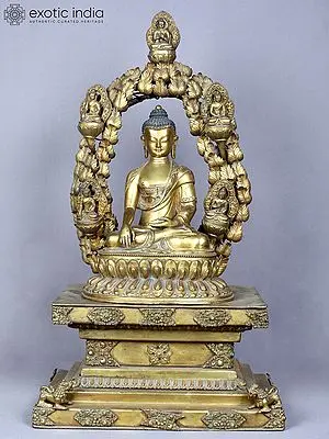 23" Shakyamuni Buddha Seated on Throne with Pancha Buddha | Copper Statue Gilded with Gold | From Nepal