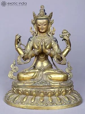 11" Four Armed Avalokiteshvara | Copper Statue Gilded with Gold | From Nepal