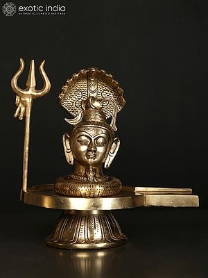 11" Brass Shiva Head Shivalinga with Vasuki Naag and Trident