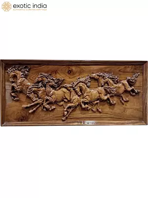 36" Wooden Running Horses Wall Panel | Teak Wood Panel