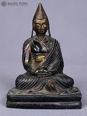 5" Small Buddhist Je Tsongkhapa Idol from Nepal | Copper Statue Gilded with Gold