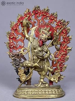 7" Buddhist Deity Simhamukha Yogini Idol from Nepal | Copper Statue Gilded with Gold