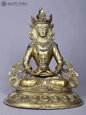 9" Aparmita (Amitayus) Buddha Idol from Nepal | Copper Statue Gilded with Gold