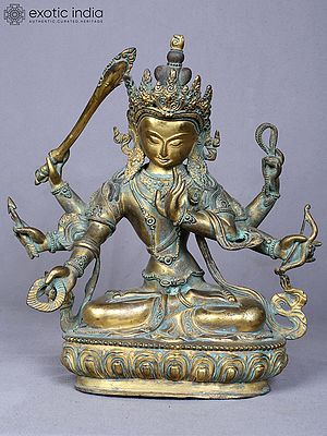 11" Maha Manjushri - Tibetan Buddhist Deity | Copper Statue Gilded with Gold | From Nepal