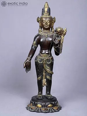 13" Buddhist Deity Padmapani Avalokiteshvara | Copper Statue Gilded with Gold from Nepal